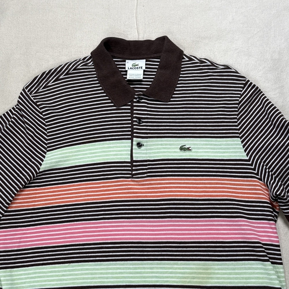 Vintage Lacoste Polo Shirt Mens Large Striped 100% Cotton Crocodile Stain
